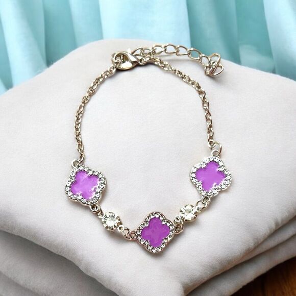 Elegant Purple Clover Rhinestone Silver Tone Bracelet - Picture 1 of 4